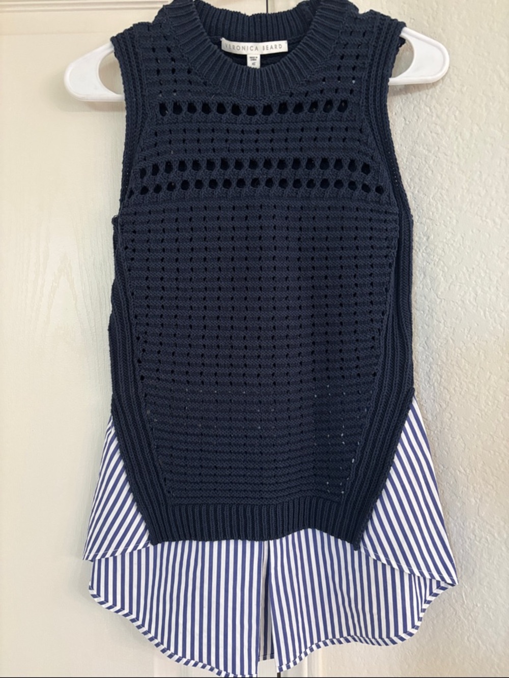 Veronica Beard Navy Knit Overlay with Blue and White Striped Hem
